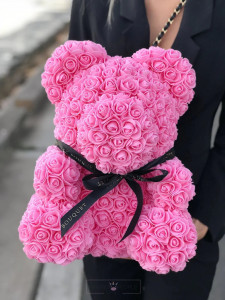 Ursulet floral roz decorat manual cu trandafiri de spuma 40 cm ideal pentru cadou