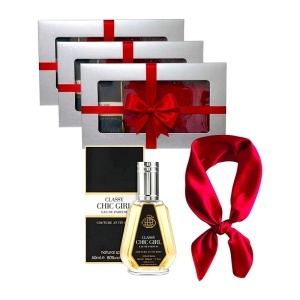 3 x Set Elysa – Apa de Parfum Classy Chic Girl Fragrance World 50ml, Esarfa satinata rosie