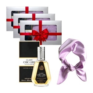 3 x Set Elysa – Apa de Parfum Classy Chic Girl Fragrance World 50ml, Esarfa satinata lila