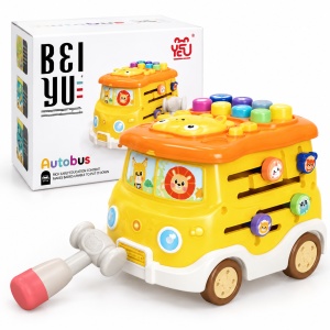 Autobuz educational multifunctional pentru copii, cu tobe, lumini, sunete, activitati interactive si ciocanel, Galben - Img 3