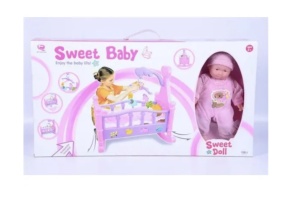 Bebelus de jucarie Sweet Baby Sweet Doll cu patut leagan si accesorii