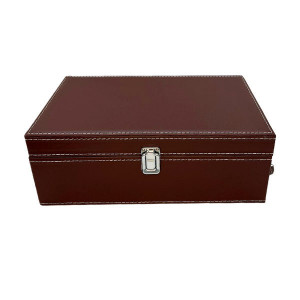 Caseta eleganta din piele ecologica pentru doua sticle, cu maner si set 4 accesorii pentru vin, maro