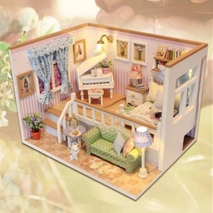 Casuta DIY de construit – camera decorativa in miniatura cu pian si mobilier detaliat