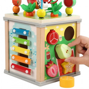 Centru din lemn educativ Montessori, Cub activitati bebelusi 7 in 1, labirint, fructe, viermisori, morcovi, sortator de fructe, xilofon, ceas, roti zimtate - Img 2