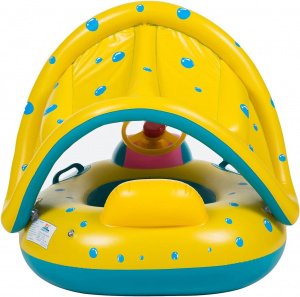 Colac gonflabil pentru copii Edman Summer sea, cu volan, acoperis si suport, dimensiuni 73 x 65 x 60 cm
