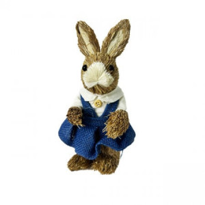 Figurina decorativa din paie Iepuras Yza cu rochita, 21 cm, Albastru