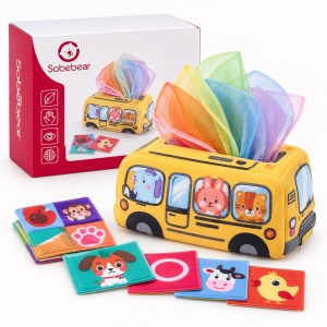 Jucarie senzoriala pentru bebelusi, cutie tip autobuz cu servetele textile colorate, 0+ luni - Img 3
