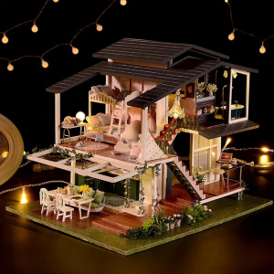 Kit DIY de Casa Miniatura din Lemn cu Mobilier - Constructie in Stil Francez cu Accesorii si LED