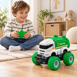 Masina de salubritate cu telecomanda R/C, 27 MHz, 4 directii, lumini si sunete, roti mari, Verde-alb - Img 3