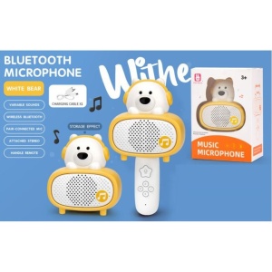 Microfon Bluetooth pentru copii White Bear – difuzor wireless cu efecte sonore si cablu de incarcare