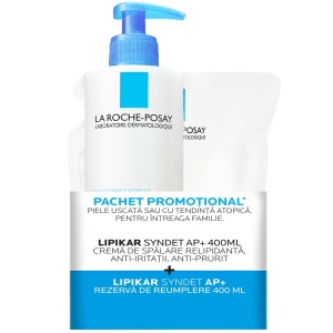 Pachet Crema de spalare ultra-delicata, pentru pielea uscata cu tendinta atopica Lipikar Syndet AP+, 400 ml + Rezerva, 400 ml, La Roche-Posay