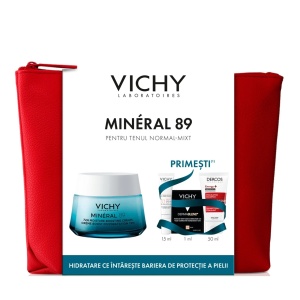 Pachet Crema pentru toate tipurile de ten Mineral 89, 50 ml + Fluid cu SPF 50+ Capital Soleil, 15 ml + Fond de ten Dermablend, 25 Nude, 1 ml + Sampon Aminexil Dercos, 50 ml, Vichy
