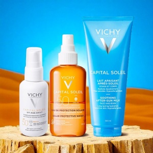 Pachet Vichy Capital Soleil – Fluid protectie solara UV-Age Daily SPF 50+, 40 ml + Apa solara protectoare SPF 50 cu beta-caroten, 200 ml + Lapte after sun calmant, 300 ml