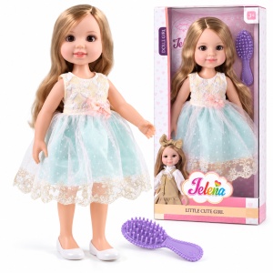 Papusa Jelena cu rochie din tul si perie inclusa, 38 cm, Verde menta/Crem, 3 ani+