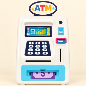 Pusculita electronica pentru copii, tip bancomat ATM, cu parola, lumini si sunete, Albastru - Img 4