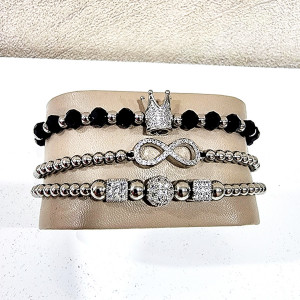 Set 3 bratari Iconic din otel inoxidabil, onix si zirconiu, Unisex, silver - Img 3