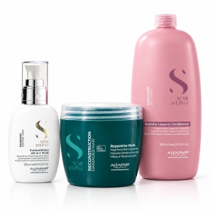 Set Alfaparf Milano Semi di Lino pentru Hidratare, Reparare și Strălucire – Balsam Leave-in Moisture 1000 ml + Mască Reconstruction 500 ml + Fluid Diamond 125 ml