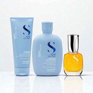 Set Alfaparf Semi di Lino Density Thickening, Sampon 250 ml + Balsam 200 ml + Ulei iluminator Cristalli Liquidi 15 ml