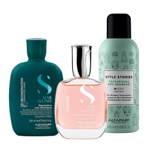 Set Alfaparf Semi Di Lino Reconstruction Sampon, 250 ml + Sampon uscat Style Stories 200 ml + Apa parfumata pentru par si corp Sublime Water 50 ml