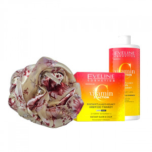 Set cadou Crema de fata iluminatoare și calmanta Vitamin C 3X ACTION Eveline Cosmetics, 50 ml +  Apa micelera pentru luminozitate si hidratare Vitamin C 3x Action, 500 ml + Esarfa