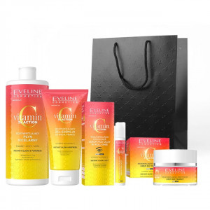 Set cadou Eveline Cosmetics Vitamin C 3x Action, Apa micelera pentru luminozitate si hidratare, 500 ml + Ser pentru ochi cu efect de iluminare roll-on, 15 ml + Gel esenta de curatare, 150 ml + Crema de fata regeneranta si hranitoare, 50 ml