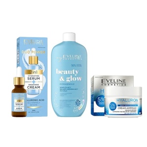 Set cadou Eveline Hyaluron Aqua, Crema hidratanta pentru ten uscat si foarte uscat, 50 ml + Ser fata 2in1 pentru hranire si netezire Duo Power, 18ml + Balsam hidratant pentru corp, Hydragenious, 350 ml