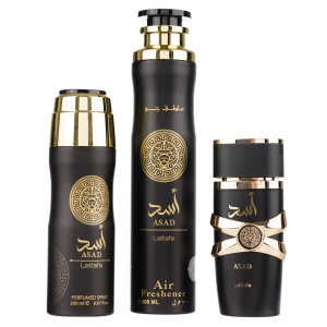 Set cadou Lattafa Asad, Barbati, Apa de Parfum, 100ml + Deo Spray, 200ml + Odorizant camera, 300 ml