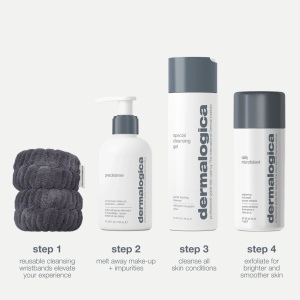 Set curatare si iluminare Dermalogica Cleanse + Glow, Gel de curatare Special Cleansing, 250 ml + Ulei Precleanse pentru eliminarea impuritatilor, 150 ml + Pudra exfolianta Daily Microfoliant, 74 g