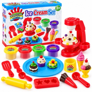 Set de plastilina creativa Ice Cream, 4 culori, aparat de facut inghetata si accesorii, 3 ani+