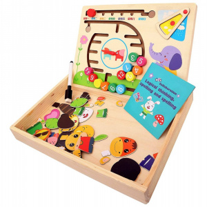 Set Educativ Montessori din Lemn - Puzzle, Labirint cu Margele si Asociere Alfabetica și Numerica