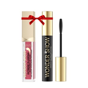 Set Eveline Wonder Show cu Luciu de buze pentru volum 05 Vibrant Red si Mascara volum si separare