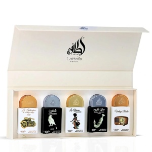 Set Lattafa Apa de Parfum Unisex – Bike1910 20 ml, Shaheen Silver 20 ml, African Drummer 20 ml, Shuyukh Silver 20 ml, Vintage Radio 20 ml