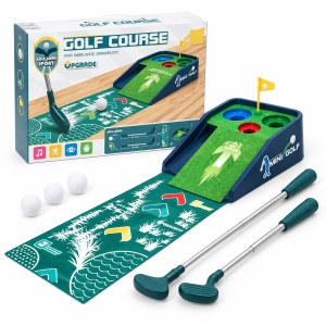 Set mini golf pentru copii, 2 crose reglabile, 3 mingi, covoras si rampa cu 3 tinte, 3 ani+