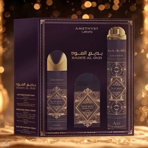 Set Parfum Arabesc Bade’e Al Oud Amethyst – Parfum 100 ml, Spray Parfumat 200 ml si Odorizant Camera 300 ml