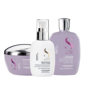 Set pentru netezire Alfaparf Milano Semi Di Lino Sampon, 250 ml + Masca, 200 ml + Fluid pentru stralucire All-in-1 Diamond Illuminating, 125 ml