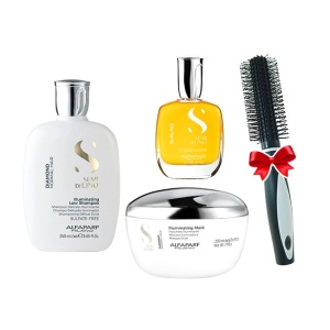 Set pentru stralucire Alfaparf Semi Di Lino Diamond Iluminating cu 250 ml Sampon + 200 ml Masca + 50 ml Serum + Perie rotunda