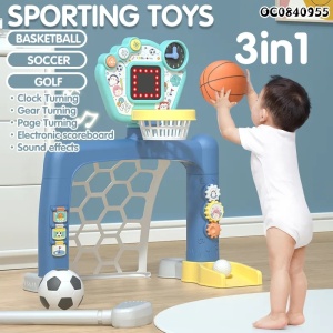 Set Sportiv 3 in 1 pentru Copii - Cos de Baschet, Poarta de Fotbal si Joc de Golf, cu Sunete si Lumini