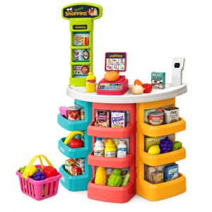 Set supermarket pentru copii, 44 piese, lumini si sunete, casa de marcat, scanner si cos de cumparaturi, 3 ani+
