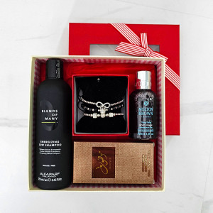 Set Wood Tease, Apa de Parfum Ard al Zaafaran Mousuf, Set 3 bratari din otel inoxidabil, onix si zirconiu, Gel de Dus Molton Brown Relaxing Ylang-Ylang, Sampon Alfaparf Rebalancing Low Shampoo Blends of Many