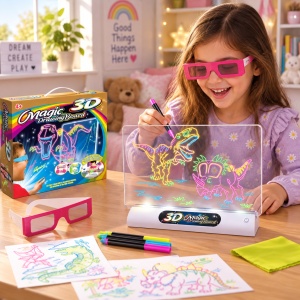 Tablita de desen 3D pentru copii cu dinozauri, ochelari 3D, markere fluorescente si efect luminos, 4 ani+ - Img 3
