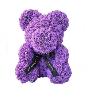 Ursulet floral mov din trandafiri 40 cm, decorat manual, in cutie cadou