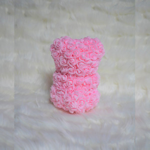 Ursulet floral roz cu trandafir rosu 25 cm, decorat manual, cutie cadou - Img 4