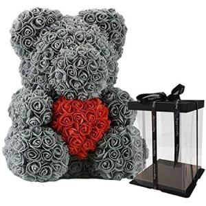 Ursulet Rose Bear din Trandafiri de spuma cu inima, in cutie cu funda, 40 cm, gri