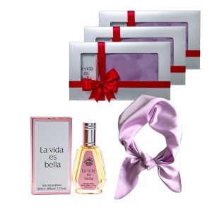 3 x Set Elysa – Apa de Parfum La Vida es Bella Fragrance World 50ml, Esarfa satinata lila