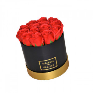 Aranjament floral cutie rotunda neagra cu trandafiri de sapun rosii - Img 2