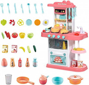 Bucatarie de jucarie Home Kitchen, cu plite din ceramica, luminite si chiuveta cu apa, 38 accesorii, Roz - Img 4