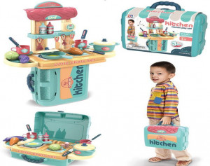 Bucatarie Troller de Jucarie 3 in 1 Little Chefs cu accesorii, verde - Img 4