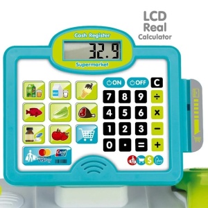 Casa de marcat interactiva cu ecran tactil, LCD electronic, sertar de bani, sunete si lumini, scanner, cititor de carduri, bancnote, monede si cantar