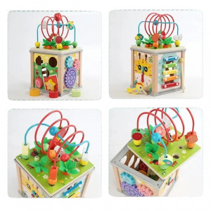 Centru din lemn educativ Montessori, Cub activitati bebelusi 7 in 1, labirint, fructe, viermisori, morcovi, sortator de fructe, xilofon, ceas, roti zimtate - Img 3