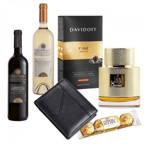 Cos cadou pentru barbati, Parfum Lattafa Qaaed 100 ml, 2 x vin Bottega 750 ml, portofel din piele, cafea Davidoff, ciocolata Toblerone si praline Ferrero Rocher - Img 5